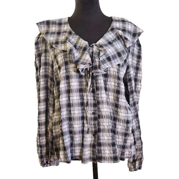 TOPSHOP NWT Ruffle Front, Plaid Button Up Top, Size 12 - Picture 1 of 12